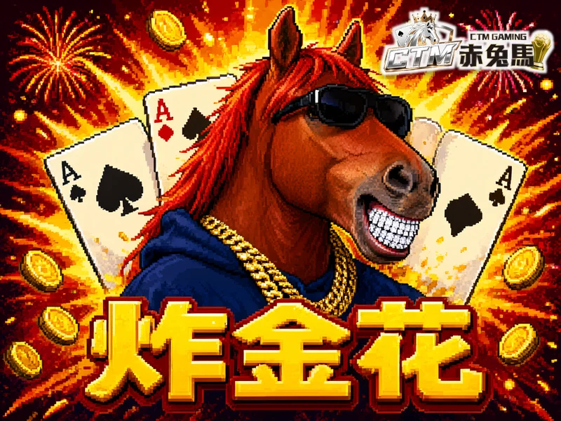 炸金花:嘻哈赤兔馬與三張撲克牌像素風圖